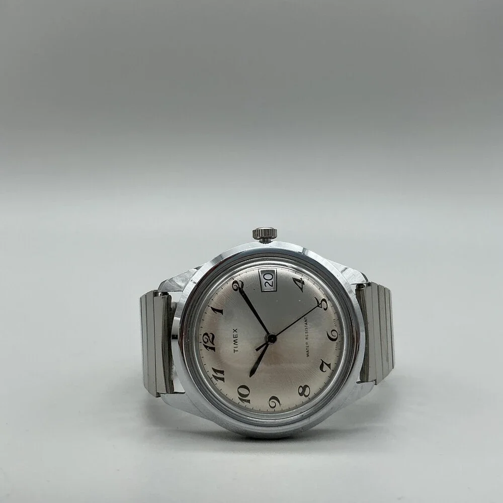 Vintage 1979 Timex Marlin Mens Watch 37mm Silver Dial Date Manual Wind